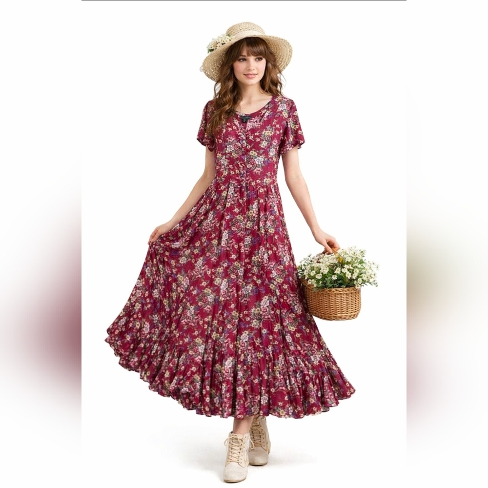 VINTAGE Nostalgia Maxi Dress Button Down Size Medium Flare Cottage Core Western